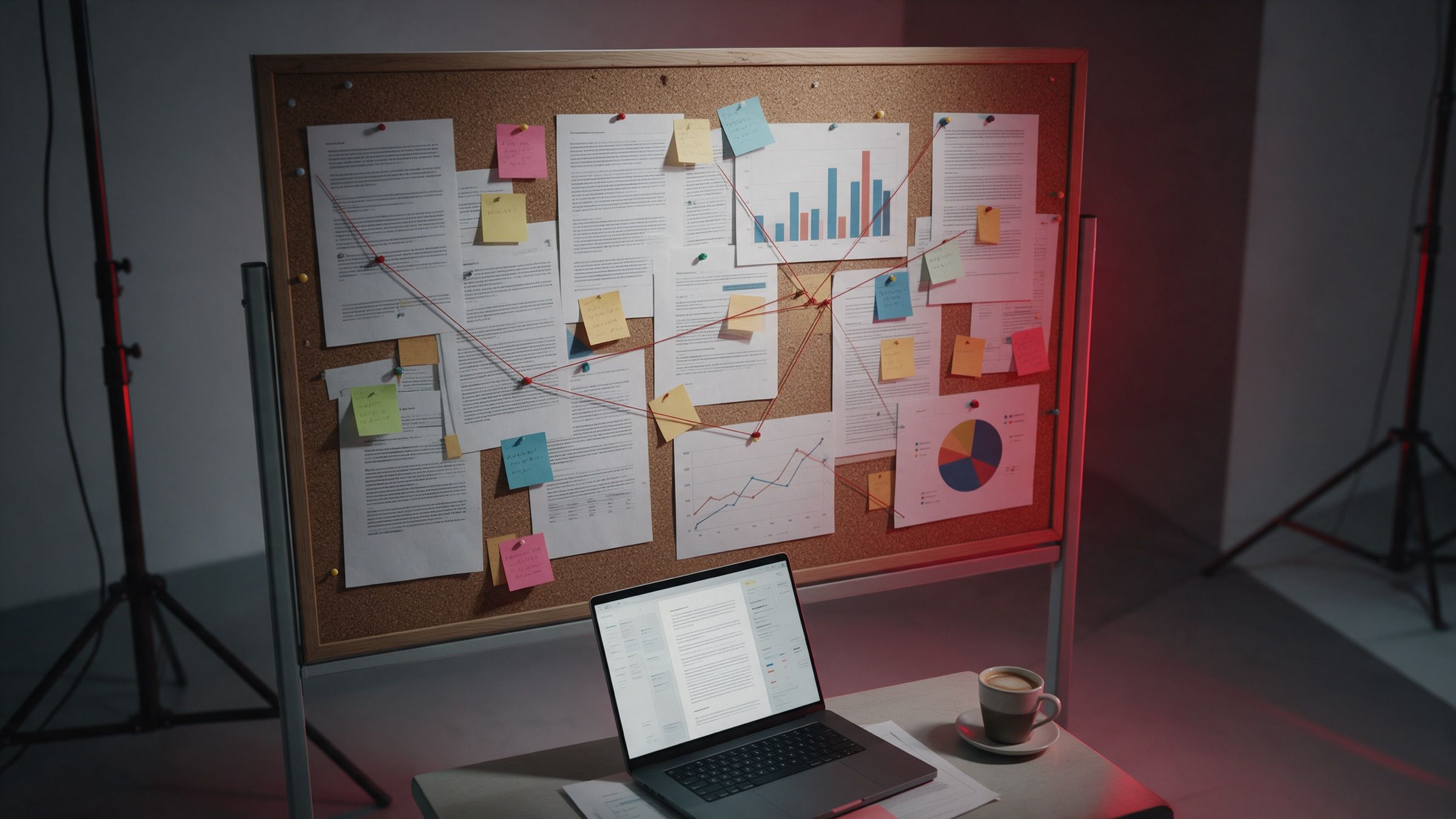 A cork wall of pinned newspaper clippings and sticky notes linked with red thread, beside an open laptop on a desk