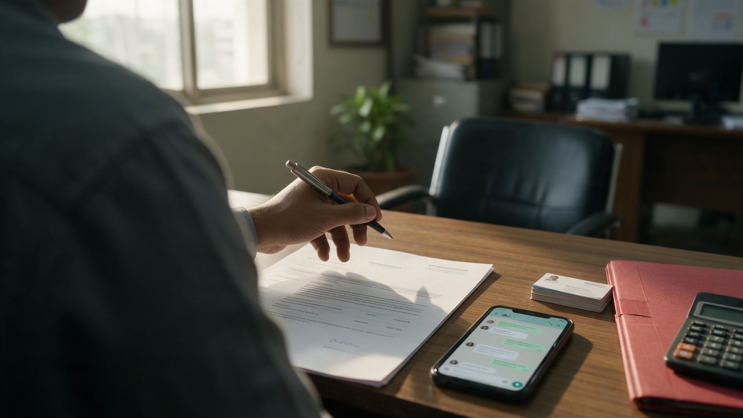A sales desk with a printed proposal, a phone showing a WhatsApp chat, a stack of visiting cards and a red pen