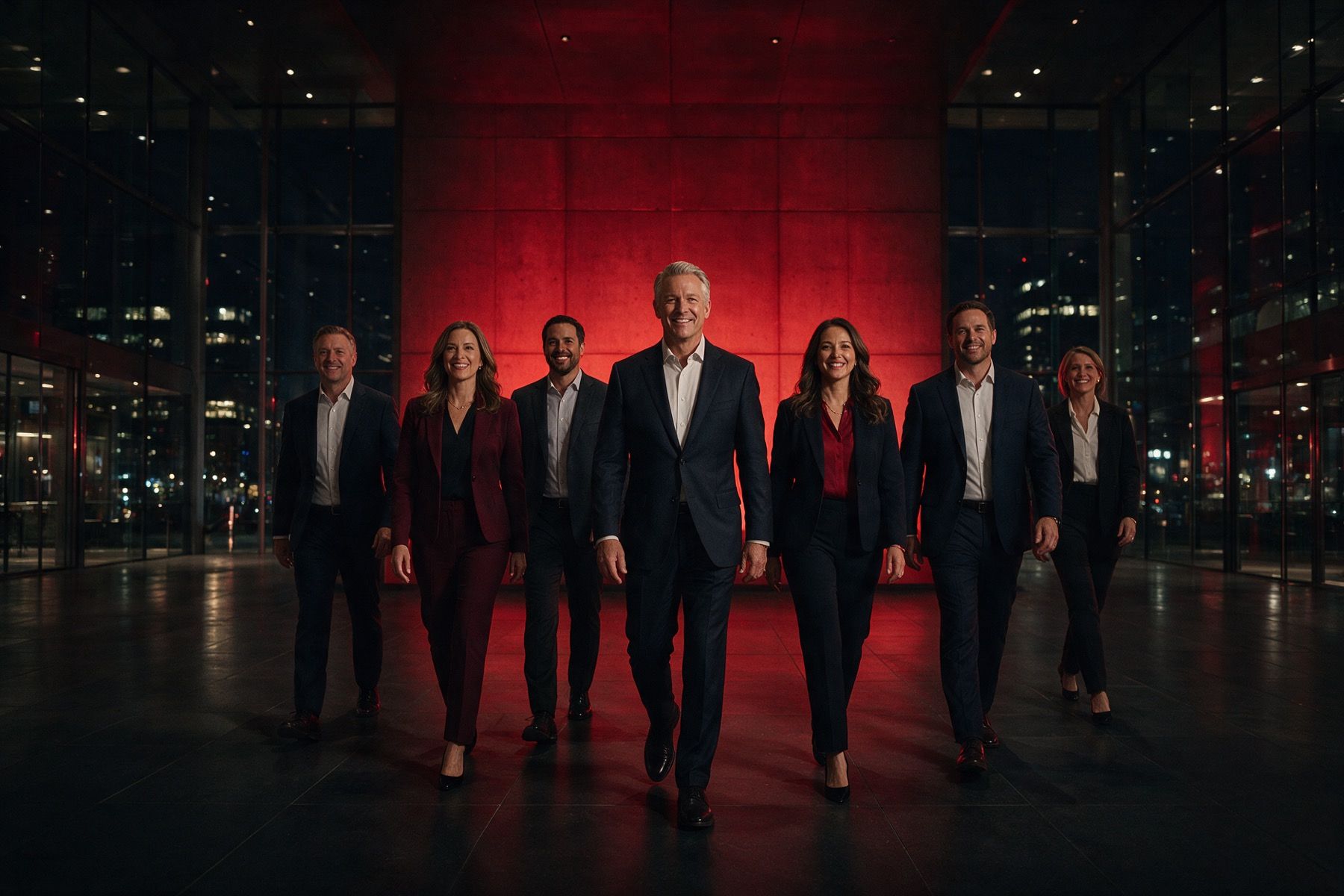 A leadership team walking through a large headquarters